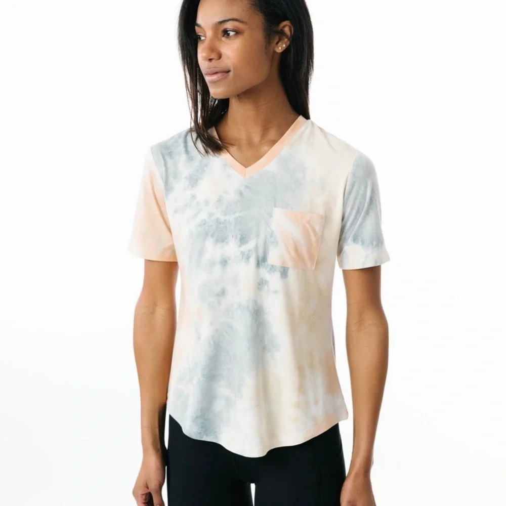 ZYIA Hendrix Dusk Go To Pocket Blue & Orange Tie-dye V-neck Tee Small Women’s